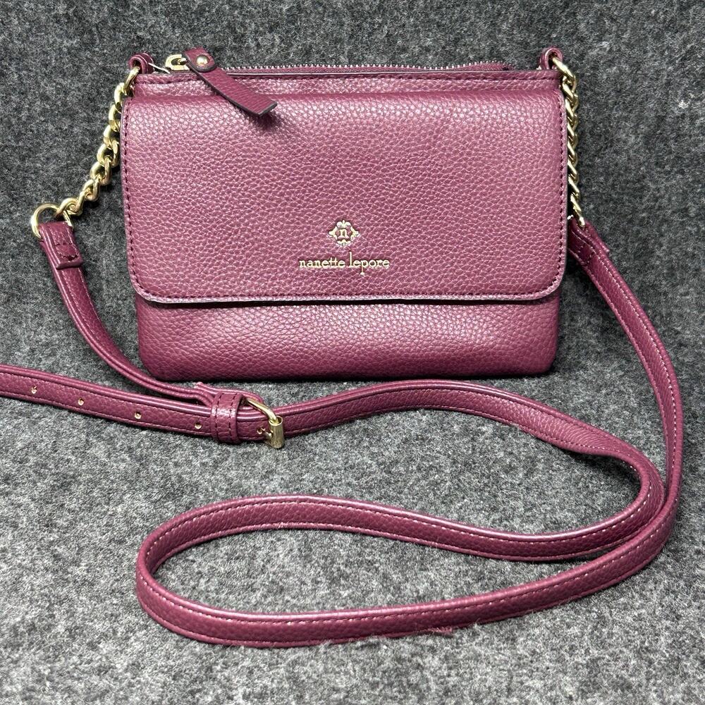Nanette Lepore Crossbody Bag Burgundy Gold Hardware Double Compartment Vegan - Picture 2 of 7